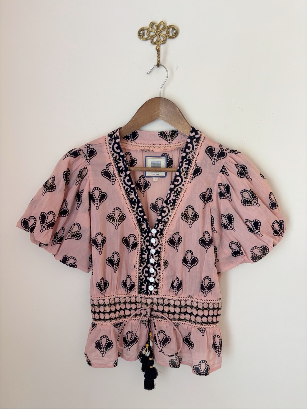Bell by Alicia Bell Peach Block Print Peplum Top Medium Summer Resortwear